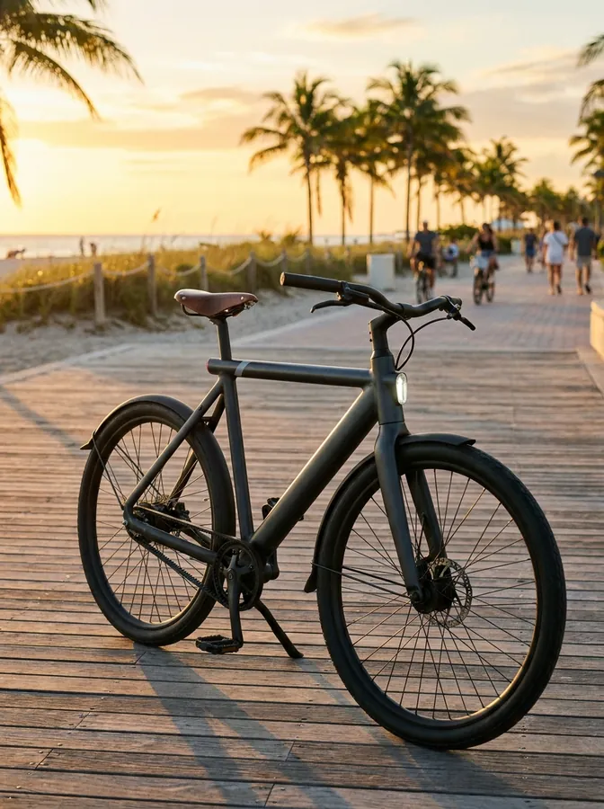 A family-friendly e-bike on a coastal boardwalk