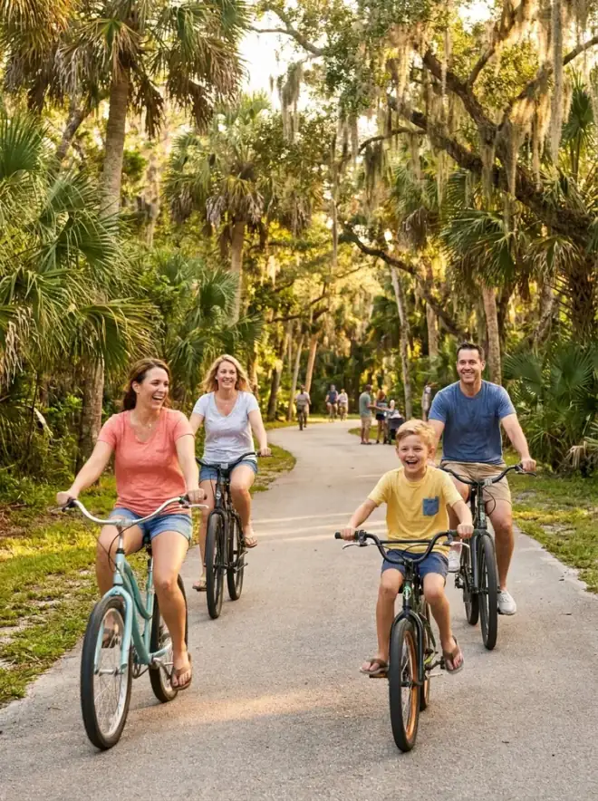 A family riding bikes on a palm-lined coastal trail