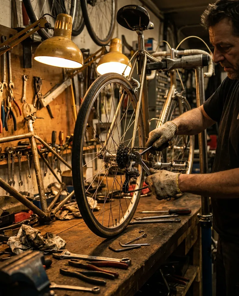 Tony servicing a bike on the repair stand